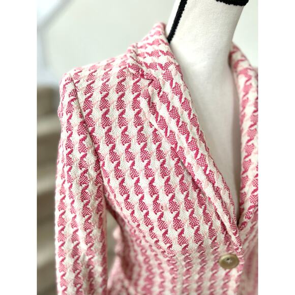 Vintage Y2K Banana Republic Pink & Cream Houndstooth Fitted Trench Pea Coat - Picture 2 of 7
